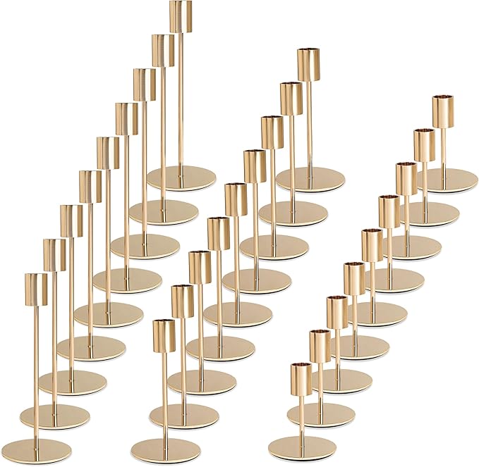 Gold Candlestick Holders - Bulk Decorative Metal Candelabra - Fits 0.8 Inch Diameter Taper Candles - Gold Taper Candle Stands for Wedding, Home, Party Table Decor (Set of 27)