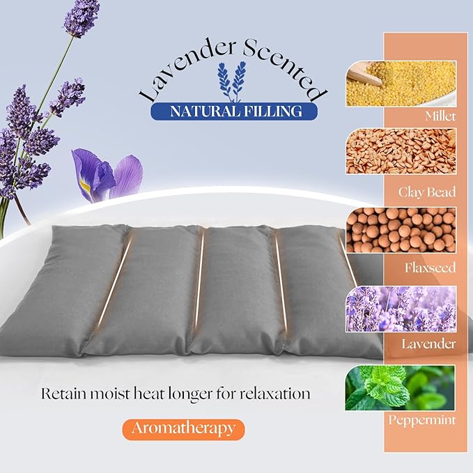 Microwavable Heating Pad with Washable Cover 13x7 Inch Flaxseed Microwave Hot Pack, Lavender Scent, Moist Warm Compress for Relaxation, Non-Electric & Portable