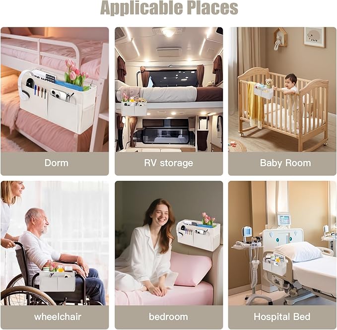 Bedside Caddy Organizer with Fixed Straps, Bunk Bed Caddy ideal for Home, Bunk Bed, Dorm, Hospital, Crib, Versatile Bedside Storage Solution (Beige)