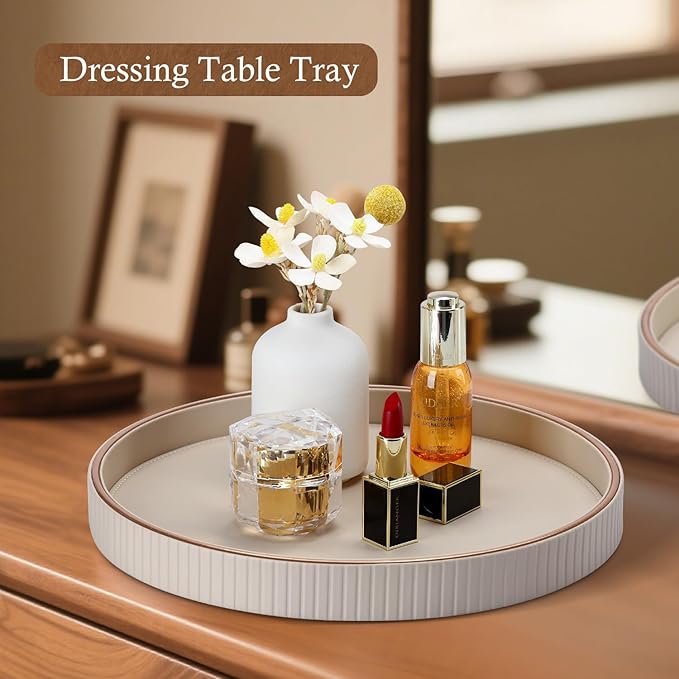 GORESE Round Decorative Tray for Coffee Table Decor, 12" PU Leather Serving tray Table Centerpiece Home Decor, Desk Valet Tray for Trinket Jewelry Perfume Key, Ottoman Tray Nightstand Organizer, Biege