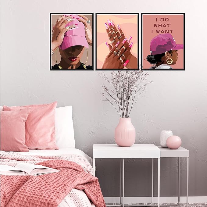 Unframed Black Girl Canvas Wall Art pink trend American Black Woman Posters Prints Wall Decor Pictures for Home Living Room Bedroom study Decoration,Unframed16 x 24inches X3piec