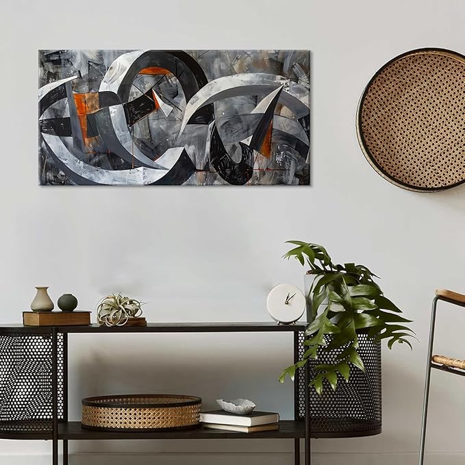 ZESTRILIA Abstract Black and White Wall Art for Living Room Office Gray Canvas Painting Prints Large Artwork Dining Bedroom Decor (40x20 Inches)