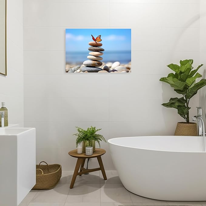 ARTZGX Zen Stone Wall Art Canvas Spa Bathroom Pictures Butterfly Print Meditation Still Life Painting for Yoga Room Decor Frame(Zen - D 12.00" x 18.00")