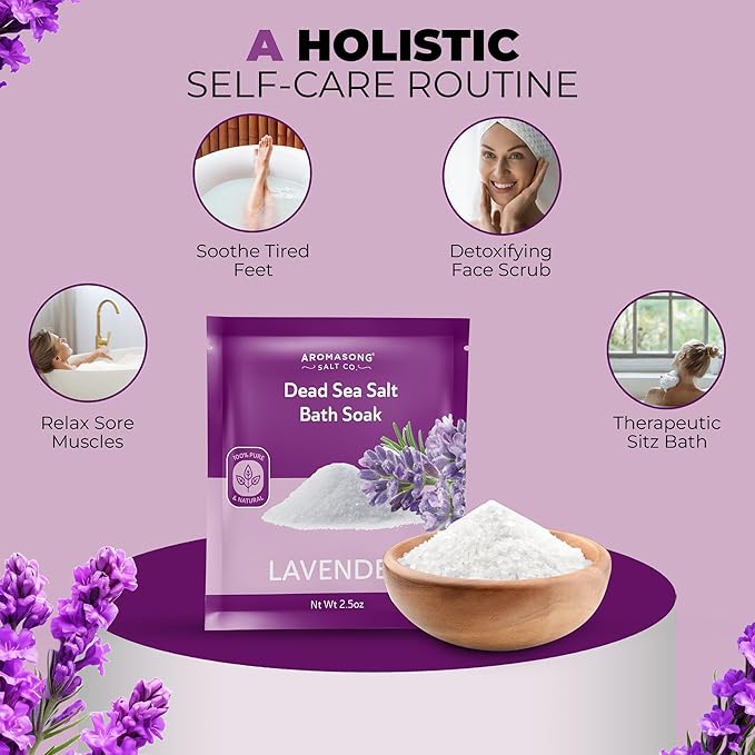 Aromasong Pure Dead Sea Salt 100% Natural Lavender Essential Oil – 2.5 oz. Spa Bath Salt Fine Grain- Christmas Stocking Stuffers for Adults, Kids, Women, and Mens soak Stocking Stuffers for Adults