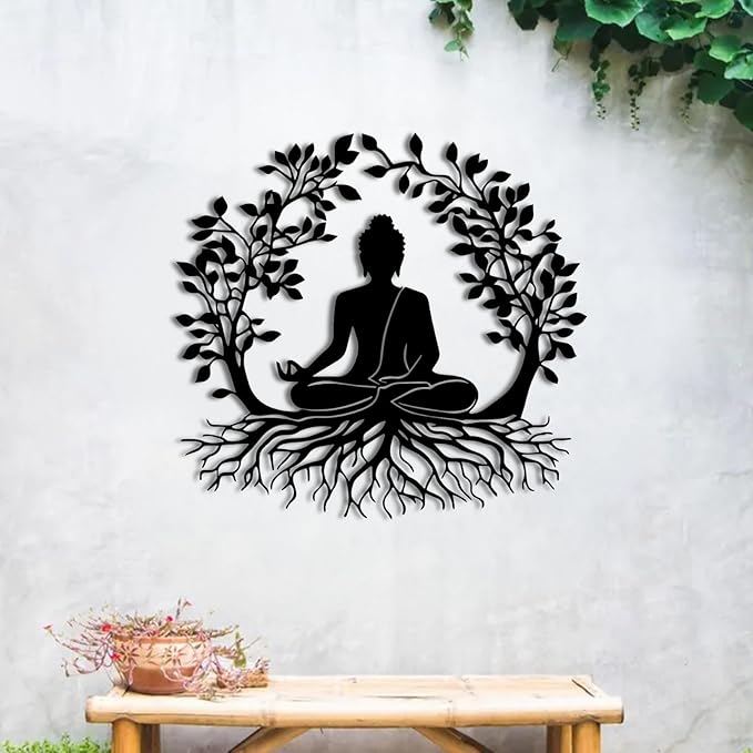 ENJOYOO Tree of Life and Buddha Metal Wall Decor, Tree of Life Wall Art, Buddha Metal Wall Art for Living Room, Bedroom, Outdoor (Black, 24×22in/60×56cm, metal wall art)