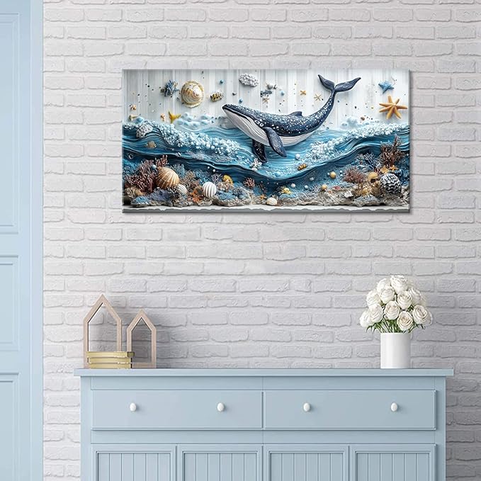 ZESTRILIA Ocean Whale Wall Art for Kids Room Navy Blue Marine Organism Underwater World under the Sea Canvas Painting Prints Artwork Family Living Bedroom Decor (40x20 Inches)
