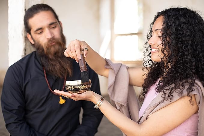 Tibetan Singing Bowl Set Bronze - Master Healing Grade - With Tibetan Thangka Art - Pure Tone By HIMALAYAN BAZAAR (Black & Yellow)