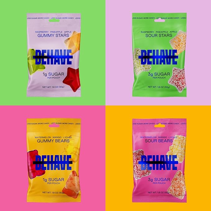 BEHAVE Low Sugar, Low Carb Gummy Candy | Healthy, High in Fiber, Keto & Diabetic Friendly Snack | Non-GMO, Gluten-Free, Dairy-Free, No Artificial Flavors or Sweeteners | Sour Stars, 1.8oz (1-Pack)