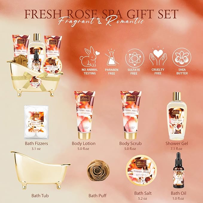 Fresh Rose Spa Gift Set for Women, 8-Piece Relaxing Bath Set with Shower Gel, Bubble Bath, Body Lotion, Self Care Gift for Any Occasion, Birthday Gifts for Women, Spa Kit for Mom Gifts
