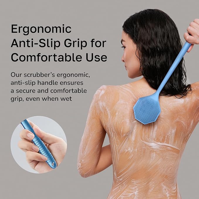 Silicone Back Scrubber with Long Handle - Octagon Body Brush for Shower, Bath, and Exfoliating - Skin Cleansing, Back Scrub and Gentle Silicone Sponge - Wash Your Body with Easy Reach - Blue