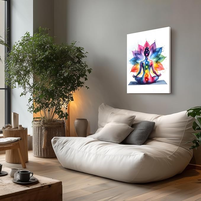 GELDSTEI Framed Zen Wall Art, Chakra Yoga Wall Decor, Colorful Meditation Poster Print, Spiritual Canvas Painting, Vibrant Meditating Woman Aesthetic Picture for Living Room Yoga Studio 16"x24"