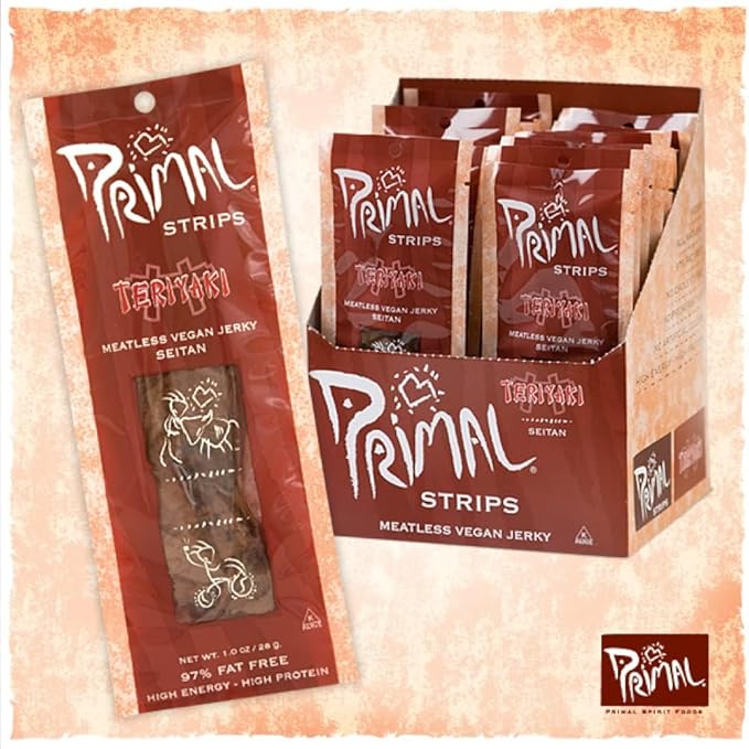 Primal Spirit Vegan Jerky – “Classic Flavor” – Teriyaki, 10 g. Plant Based Protein, Certified Non-GMO, No Preservatives, Sports Friendly Packaging (24 Pack, 1 oz)