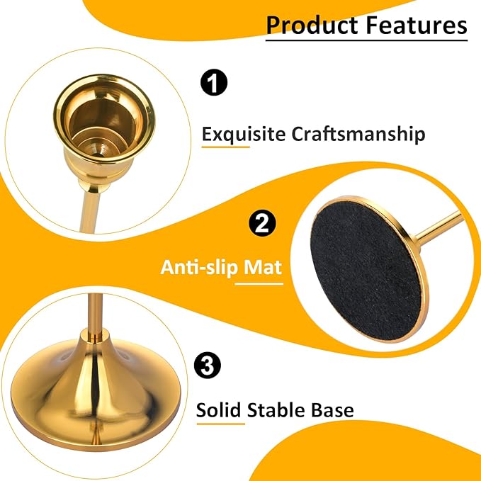 Metal Candle Holders for Candlesticks Taper Candlestick Holders Set Vintage Decorative Centerpiece Candelabra Tall Candle Stands for Halloween Thanksgiving Christmas (Gold, 2 Sets (6 pcs))