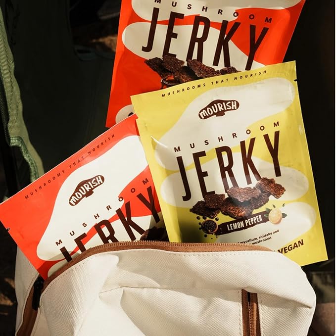 Mourish Mushroom Jerky, Plant Based Meatless Jerky, Variety Pack, Low Fat, High-Fiber Protein Mushroom Vegan Snacks for Outdoor, Travelling, Office, School, 12 Pack
