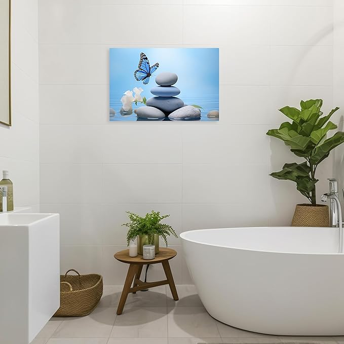 ARTZGX Zen Wall Art for Bathroom Zen Stone Picture Blue Butterfly Painting Still Life Artwork for Yoga Room Decor Frame(Zen - C 28.00" x 42.00")