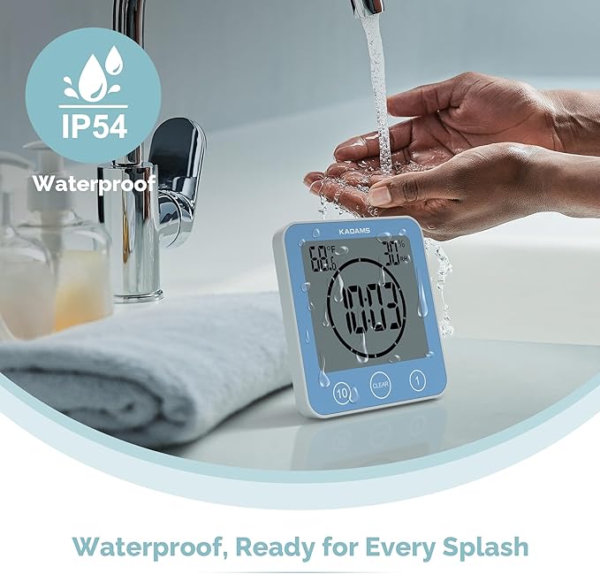 KADAMS Shower Clock Waterproof Bathroom Timer – Digital Wall Clock with Countdown, Magnetic Kitchen Clock with Temperature & Humidity, Suction Cup for Kids Shower Spa Sauna Cook Bath, Blue