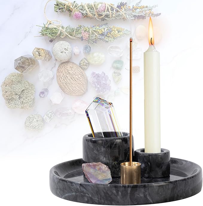 4 in 1 Marble Incense Holder, Natural Marble Incense Burner for Meditation, 9 Incense Holes Suitable for Most Incense Types (Black)