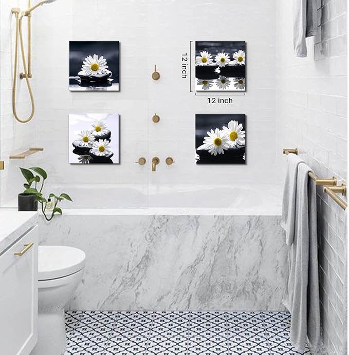 Yxbhhym-Black and White Wall Art Zen Décor Canvas Print Daisy Poster Painting Flower Stone Picture Meditation Artwork for Bathroom Decoration Dining Wall Art Bedroom Living Room Decor Office Framed