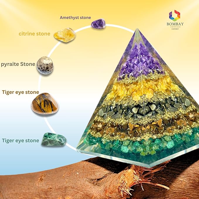 Money Magnet Pyramid with Amethyst, Citrine, Pyrite & Tiger Eye Stones โ Crystal Healing Pyramid for Wealth, Abundance, Positive Energy, Reiki, Meditation & Home Dรฉcor