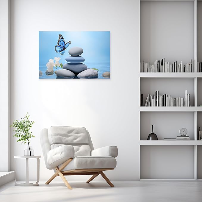 ARTZGX Zen Wall Art for Bathroom Zen Stone Picture Blue Butterfly Painting Still Life Artwork for Yoga Room Decor Frame(Zen - C 12.00" x 18.00")