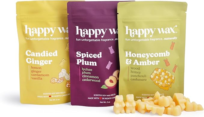 Happy Wax Fall Treats Collection Scented Natural Soy Wax Melts – 6 Total Oz. Collection Includes Spiced Plum, Candied Ginger and Honeycomb & Amber
