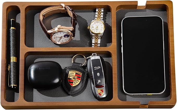 Shinpuru Wooden Valet Tray with Leather Inlay - Nightstand & Desk Organizer - EDC Essentials Catchall Tray for Keys, Phone, Wallet, Watch, Earbuds - Stylish Storage (Wood-Pen)
