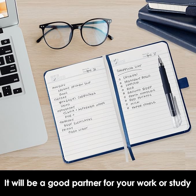 Pocket Notebook Journals, 3 Pack Mini Small Notebooks for Work, Leather Cover Notepad with 3 pens, Elastic Closure, Blue