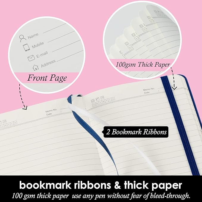 Pocket Notebook Journals, 3 Pack Mini Small Notebooks for Work, Leather Cover Notepad with 3 pens, Elastic Closure, Blue