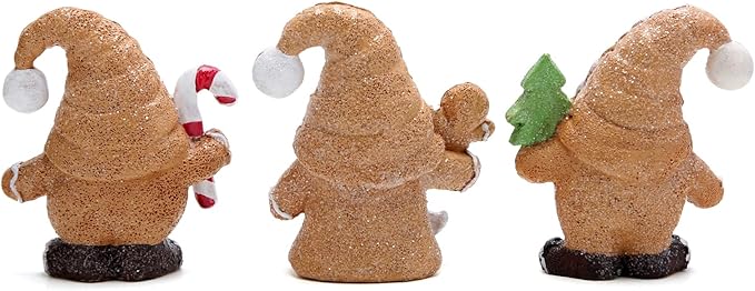 Hodao Christmas Gingerbread Gnomes, Set of 3 – Hand-Painted Resin Figurines with Candy Cane, Gingerbread Man and Mini Tree – Holiday Home Decor and Gift for Tiered Tray, Mantel, Tabletop, Windowsill