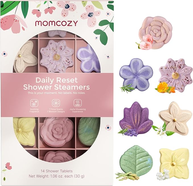 Momcozy Shower Steamers 14 Pack-7 Unique Shapes & Floral Scents, Long Lasting Fragrance, Gentle Formula, Perfect Travel & Gift Idea for Home Spa Relaxation