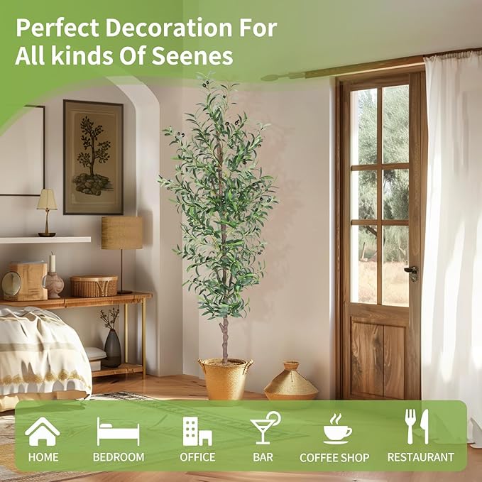 Artificial Olive Tree, 8FT Tall Faux Olive Trees 96in Outdoor Fake Potted Silk Plant with Trunk and Realistic 1574 Leaves and 48 Fruits for Modern Office Home Decor Indoor(1pack)