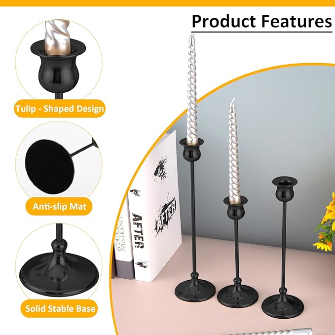 Taper Candle Holder Tall Vintage Metal Candlestick Holders Candle Stick Candelabra for Halloween Thanksgiving Christmas Holiday Wedding (Matt Black, 2 Sets (6 pcs))