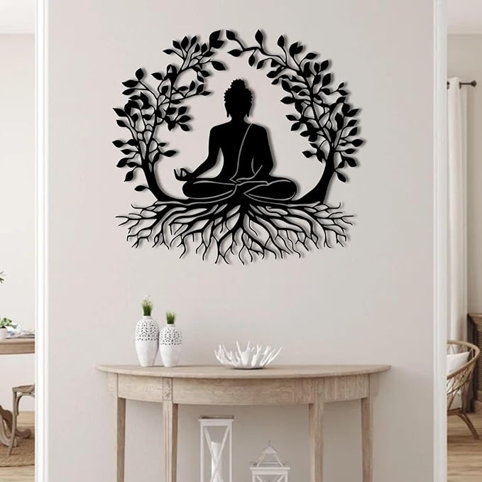 ENJOYOO Tree of Life and Buddha Metal Wall Decor, Tree of Life Wall Art, Buddha Metal Wall Art for Living Room, Bedroom, Outdoor (Black, 24×22in/60×56cm, metal wall art)