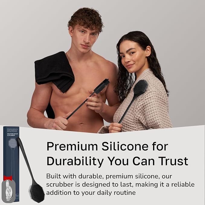 Silicone Back Scrubber with Long Handle - Octagon Body Brush for Shower, Bath, and Exfoliating - Skin Cleansing, Back Scrub and Gentle Silicone Sponge - Wash Your Body with Easy Reach - Black