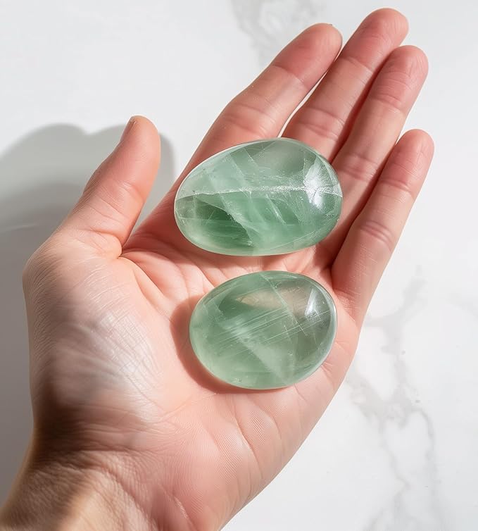 Polished Green Fluorite Crystal Stones - 2 Pcs of 1.2" Worry Stone for Anxiety, Pocket Palm Stone Super Large Handpicked Natural Tumbled Gemstones for Meditation, Reiki, Chakra Healing, Home Decor