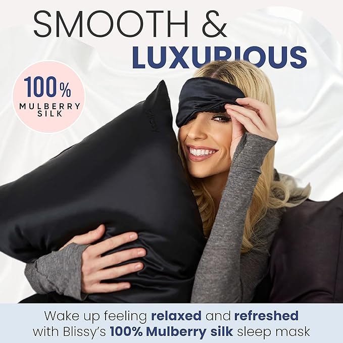 Blissy Silk Sleep Mask - Silk Eye Sleeping Mask for Women & Men for Total Blackout - Silk Eye Mask - 100% Pure Mulberry Silk, 22 Momme 6a Fibers - Blindfold Silk Sleep Mask Side Sleeper Eye Cover
