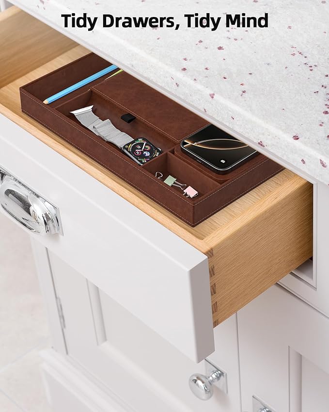 Valet Tray with Wireless Charger, Nightstand Organizer, Leather Desk Drawer Organizer Tray with 7 Compartments for Jewelries, Watch, Key, Wallet, Phone, Brown