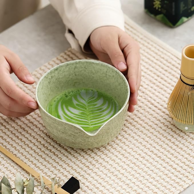Matcha Set, Japanese Tea Set Includes Matcha Bowl with Spout, Matcha Whisk Holder, Bamboo Matcha Whisk and Bamboo Scoop, 17 oz Mottled Green Glaze Ceramic Matcha Kit for Tea Lovers