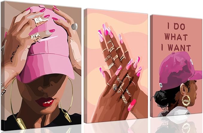 Black Girl Canvas Wall Art pink trend American Black Woman Posters Prints Wall Decor Pictures for Home Living Room Bedroom study Decoration,Framed12 x 16inches X3piece