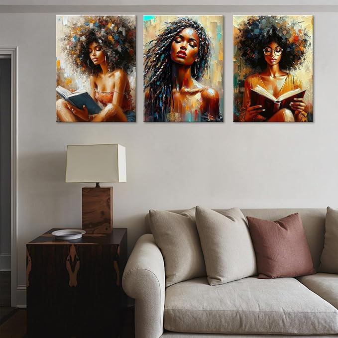 Framed Modern Abstract African American Women Wall Art Set of 3 Painting Canvas Prints,Boho Black Girl with Floral Accents, Inspirational and Trend Poster for Living Room,Bedroom, Office Decor,12X16in