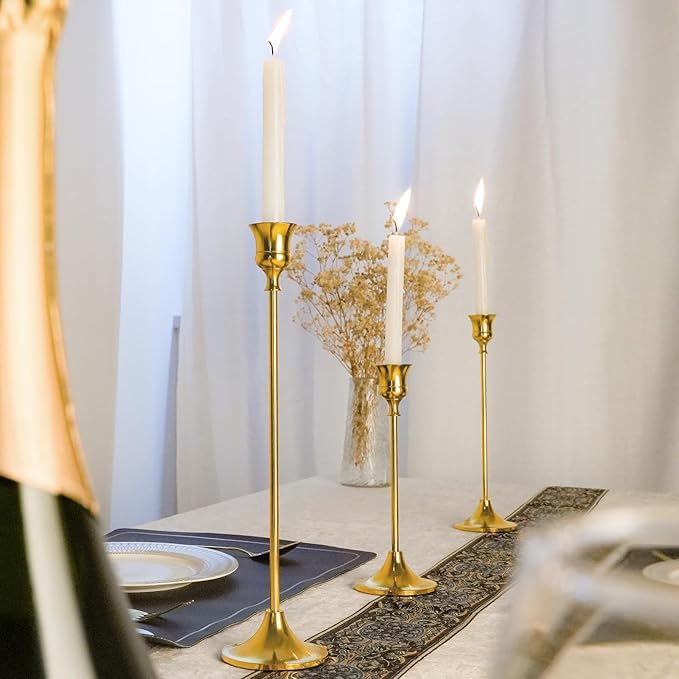 Metal Candle Holders for Candlesticks Taper Candlestick Holders Set Vintage Decorative Centerpiece Candelabra Tall Candle Stands for Halloween Thanksgiving Christmas (Gold, 1 Set (3 pcs))