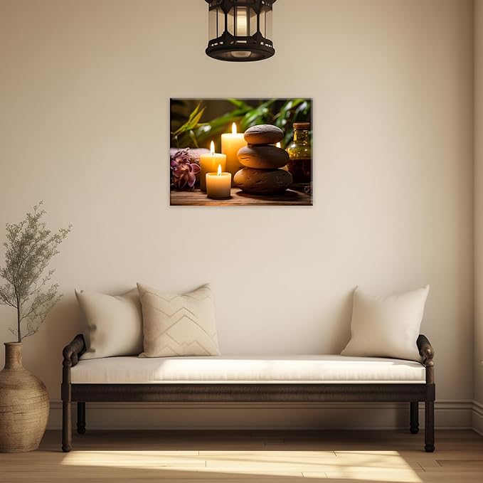 GLOKAKA Zen Canvas Wall Art Stacked Spa Stones White Candle Painting Relaxation Artwork Meditation Decor for Spa Yoga Room Bathroom Ready To Hang(Artwork-3,12"x18")