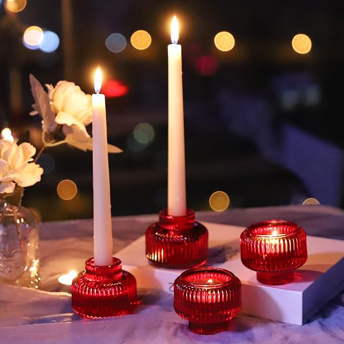Woho Red Taper Candle Holders Set of 4 for Christmas Decorations, Reversible Ribbed Glass Candlestick Holders for Wedding Table, Vintage Candle Sticks Holder Decor for Valentines Day Decor