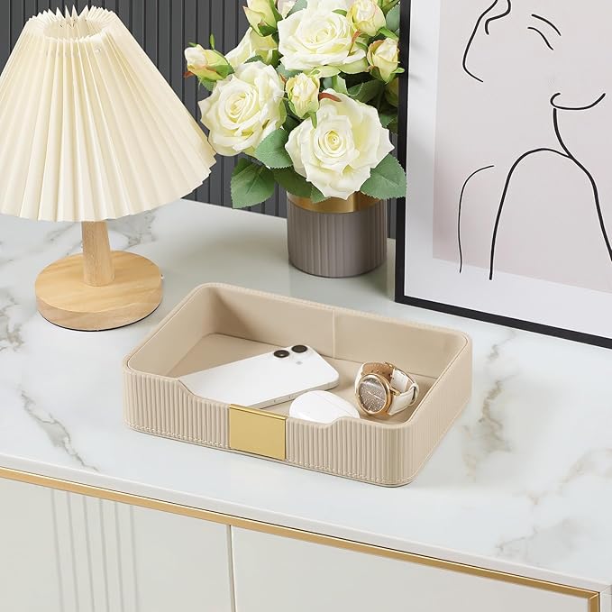 Valet Tray Desktop Storage Organizer, PU Leather Catchall Bedside Vanity Tray with Brass Accents Block Nightstand Organizer for Keys Watch Wallet Phone, Decorative Nightstand Storage (Beige)