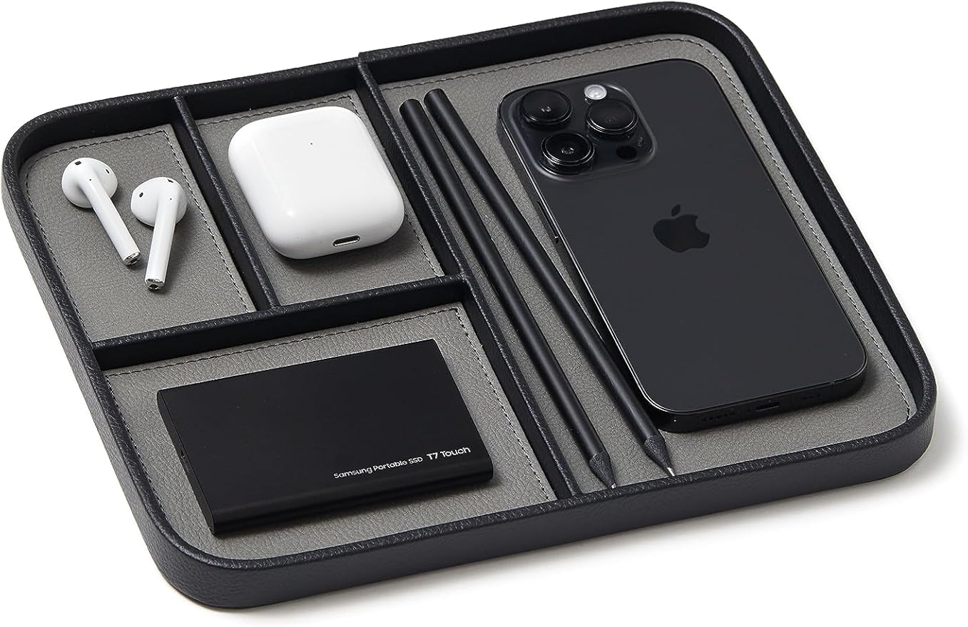 Nordik By Design Leather Valet Tray - Pebble Black Premium Vegan Stylish and Organized Nightstand for Men EDC Catchall Keys, Watch, Wallet, Jewelry Modern Bedside Caddy