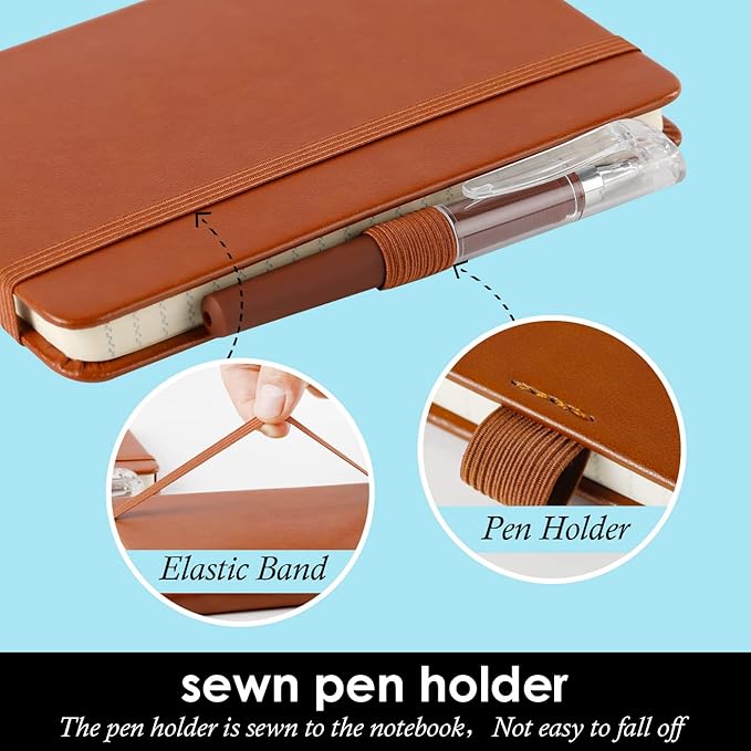 3 Pack Pocket Notebook Journals, Small Notepad Notebooks for Note Taking, A6 Mini Note pads with Pen Holder, 408 Lined Pages, 3.7" x 5.7", Black, Brown, Blue