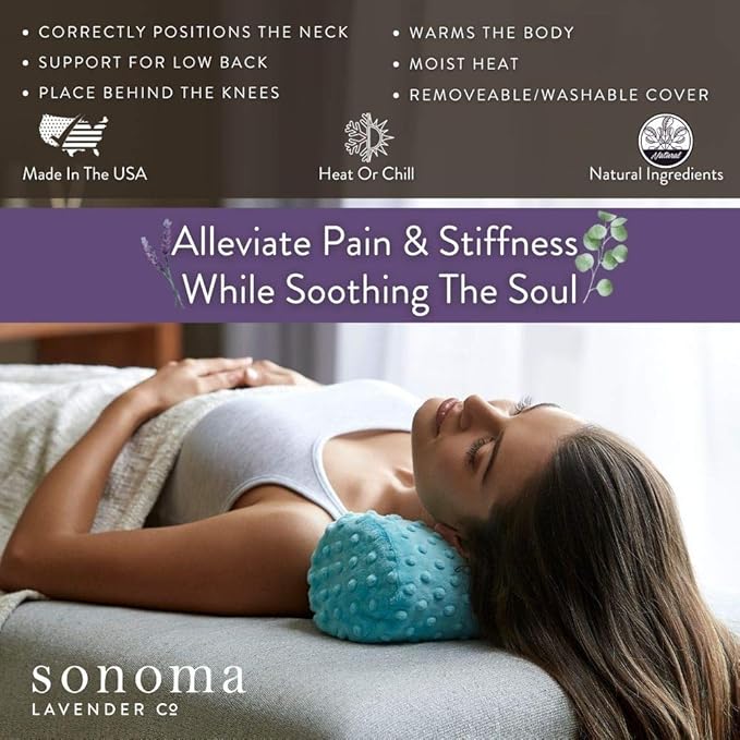 Sonoma Lavender, Lavender Bolster Roll, Microwaveable, Hot/Cold Neck Pillow, Soothing and Relaxing Pain Relief for Neck, Low Back or Behind The Knees, Removable/Washable Cover, (Lavender Dot)