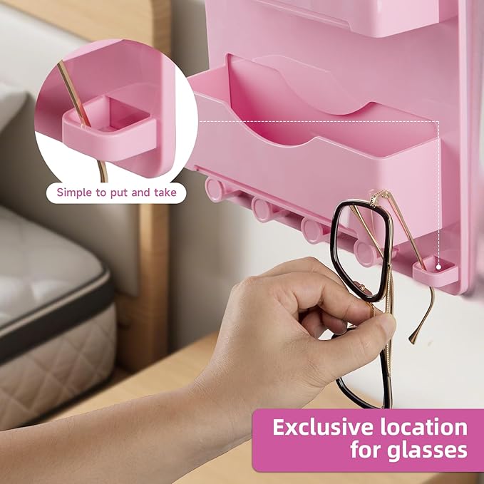 JUMEIHUI Bedside Shelf Accessories Organizer with Glasses Hooks, Wall Mount Self Stick On, Cute Room Decor Aesthetic, Girls Room Decor with 50 PCS Motivational Text Graffiti Stickers (Pink)