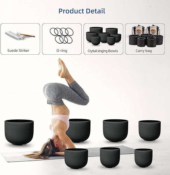 Ryan Dvan 7-12 Inch Black 7 Crystal Singing Bowl Set Frosted Quartz Crystal Sound Therapy Kit with Mallets 2 Cases O-Ring for Yoga Meditation Energy Balancing Reiki Healing
