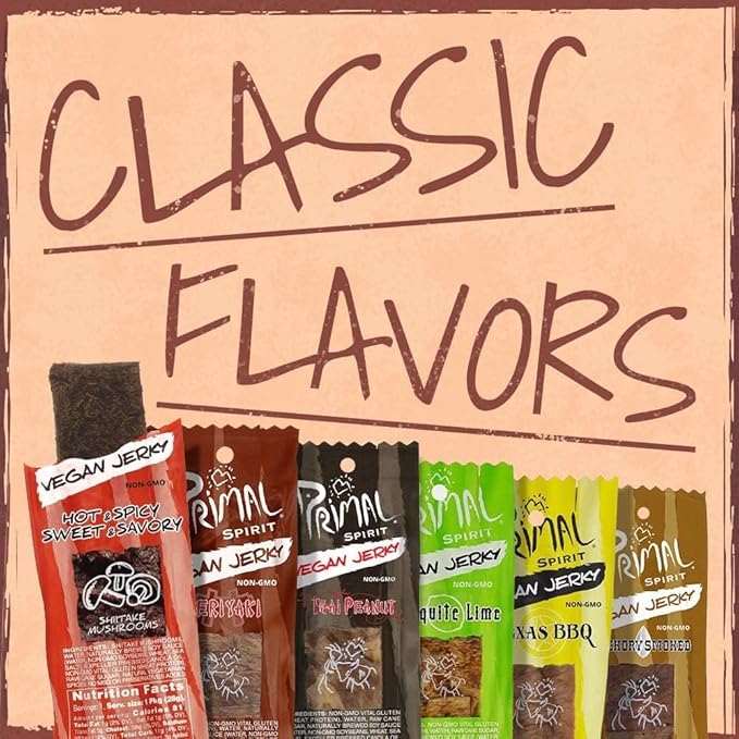 Primal Spirit Vegan Jerky – “Classic Flavor” – Texas BBQ, 10 g. Plant Based Protein, Certified Non-GMO, No Preservatives, Sports Friendly Packaging (24 Pack, 1 oz)